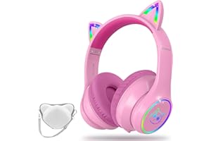LOBKIN Auriculares Niños Con Bolsa, Bluetooth Niña, Inalámbricos y Con Cable, Plegables Ajustables Para Escuela, Viajes (Rosa Roja)