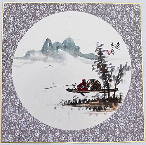 KZ164 Hmay Jingxian Raw Xuan Paper Pre-mounted On Soft Card / Chinese Shikishi for Sumie Painting and Brush Calligraphy 10 Sheets with Golden Trim (Square 33 cm, 12.99")