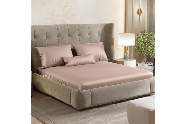 Haus & Kinder Premium Satin Royale Golden Sand Bedsheets, Double Elastic Fitted Solid Bedsheet with 2 Pillow Cover Set, 300TC for Summers/Winter, Gift for Couples, Romantic Dates, Wedding, Full