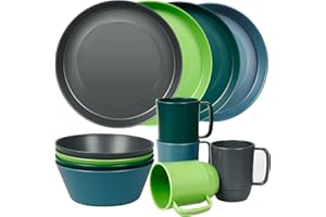 Greentainer Plastic Unbreakable Dinnerware Sets,12PCS Camping Tableware, Lightweight Plates, Bowls and Mugs, Microwave& Dishwasher Safe Plates Set, Service for 4, Great for Kids & Adults