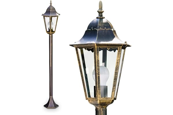 Lampe d'extérieur Hongkong, lampadaire en look antique, fonte d'aluminium en brun/or avec verre dépoli, lampe d'allée 120 cm, lampe de jardin rétro/vintage, douille E27, IP44, sans ampoules