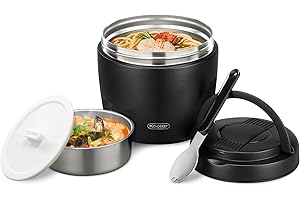 LOGEEYAR Boîtes Alimentaires Isothermes, 1000ml avec Cuillère Pliable,Grande Bouche Repas Chaud Bol D'isolation sous vide,Très adapté aux vacances,au déjeuner et à la fête,Noir