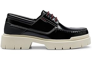 HUGO Mens Denzel Boat Leather Boat Shoes with Chunky Rubber Outsole Size