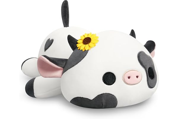 shownicer Peluche vache en peluche - Oreiller câlin - Vache kawaii - Jouet en peluche - Oreiller en peluche - Vache laitière - Peluche - Coussin de lancer - Cadeau pour enfants filles 12+ ans (Noir