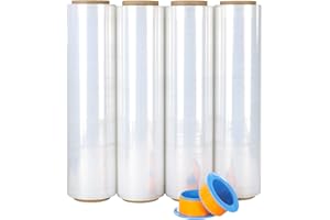 BOMEI PACK Film étirable (lot de 4) de film plastique étirable pour palette transparent 250m x 450 mm avec poignée de roulement en plastique, pour emballage et déménagement