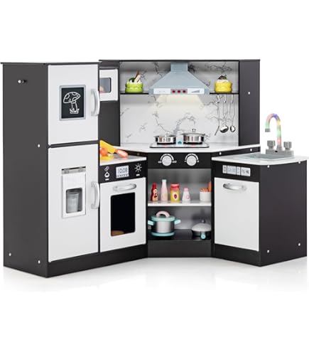 COSTWAY Kinderkeuken, hoek-speelkeuken incl. 12 accessoires & stoffen manden, houten keuken met dubbeldeurs-koelkast, koffiezetapparaat & wasmachine