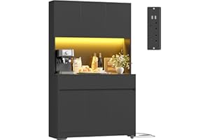 FirFurd Kitchen Cupboard 180cm Tall Cabinet Kitchen Sideboard Storage Cabinet with LED, Power Outlet, Adjustable Shelves, 2 Drawers, 6 Doors, Large Countertop 180x100x38.5 cm Black