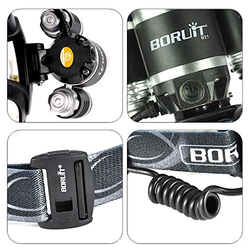 Boruit Led kopflampe stirnlampe Neueste Version Boruit 6000Lumen LED-Kopf-Fackel mit Memory-Funktion, CREE XM-L2 + 2XP-E LED-Scheinwerfer Licht Scheinwerfer Kopf Lampe Taschenlampe für Laufen Wandern Camping Fischen Sicherheit Licht [3 Helligkeitsstufe], Europäische Regulierung Ladegerät - 6
