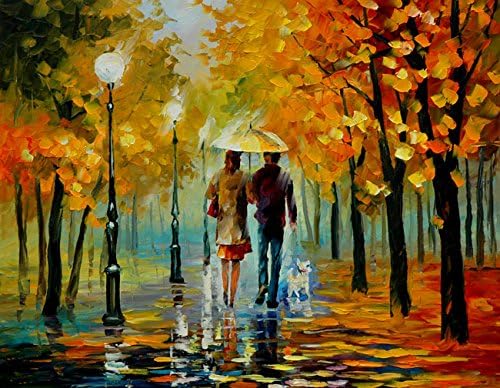 Van Eyck Couple Walk under the Street Lamp Colorful Landscape Palette Knife Oil Painting Prints on Canvas Abstract Wall Art Picture for Home Decorations(Inner Framed)