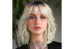 Creamily Short Ombre Blonde Wigs Wavy Bob Wig with Bangs for Women Synthetic Curly Pastel Bob Wig for Women Girl Colorful Cosplay Halloween Wigs Platinum Blonde with Dark Roots