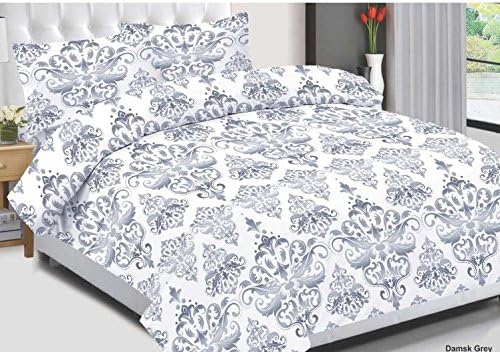 Damask Grey Duvet Cover Set with 2 Pillow Cases and Fitted Sheet (King Size)