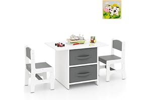 GYMAX Kids Table and Chairs Set, Children Activity Desk with 2 Chairs, 2 Removable Drawers & Jigsaw Puzzle, Wooden Toddler Table Chair Set for Boys Girls (Grey+White)