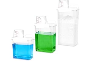 EUAKEE 3 Pièces Distributeur de Lessive avec Verre Doseur, Distributeur Lessive Liquide, Boîte de Rangement de Poudre à Laver, Contenant pour Céréales, Sucre, Muesli, Récipient d'Aliments pour Animaux