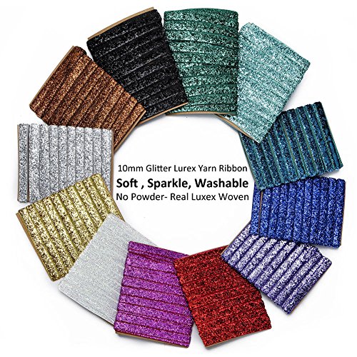 Neotrims Lurex-Garn gewebt Glitzerband, 10 mm, glitzernd, 12 Farben Weihnachtsband. Waschbar Zwei Farbtöne Metallic-Garn klassisch Glitzer-Effekt, weich & leicht schwammartig, aber sehr stark, stylisch, für Weihnachten & fürs Basteln. 12 Sensationelle Farben zum Dekorieren von Schmuck, Textilien oder Schuhen oder Heimdeko, toll für Hochzeiten oder Kostüme., Band Polyester Velours Nylon, Silberfarben glitzernd, 5 m - 2