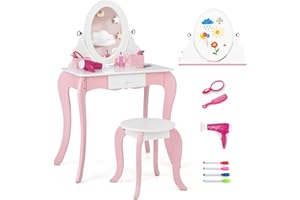 GOPLUS 2-in-1 Kinderschminktisch mit Hocker, Frisiertisch mit abnehmbarem & 360°drehbarem Spiegel Whiteboard, Schublade, 3 Frisierzubehör & 4 Stifte, Kosmetiktisch für Kinder 3-7 Jahren (Rosa+Weiß)