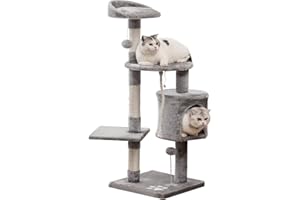 EROMMY Cat Tree Tower Large Cat Activity Tree Centre Cat Condos Scratching Post Indoor Climbing House for Kittens (Light Grey - 112cm)