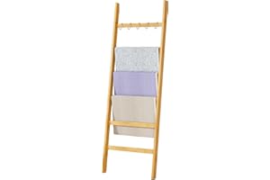 Yorbay Escalera de Bambú para Toallas de 6 Peldaños: Escalera para Ropa con 2 Correas de Seguridad y 5 Ganchos - Toallero Decorativo para Baño Dormitorio Piscina HxB 170 x 60 cm (Bambú)
