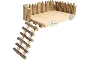 CERLINGWEE Hamstergehege Plattform Kleintier Klettergerüst Baumzweig Kletterleiter Kletterplattform Holztier Spielplatz Kleintier Aktivitätsset mit Leiter mit Zaun für Hamster, Goldbär