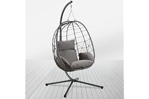 GardenCo Milan Folding Hanging Egg Chair INCLUDES WEATHERPROOF COVER - Outdoor and Indoor Rattan Weave Swing Chair Hammock - Hanging Chair (Grey with Grey Cushion)