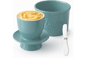 BCUUOZEEING Maselniczka ceramiczna, dzwoneczek do masła z nożem do masła, francuska maselniczka z pokrywką, chłodzona wodą z linią wodną, porcelanowa maselniczka do świeżości i smarowania, cyjan