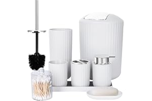 FEILANDUO Bathroom Accessories Sets Complete, 8 Pcs Bathroom Accessory Set with Trash Can, Soap Dispenser, Soap Dish, Toothbrush Holder, Toothbrush Cup, Toilet Brush and Qtip Holders,Vanity Tray White