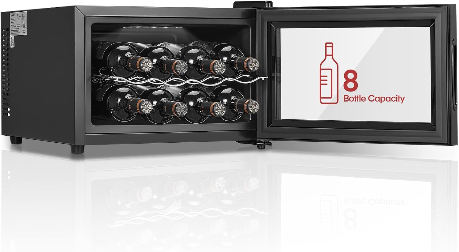 FOHERE Wine Cooler Fridge 8 Bottles, Table-Top Wine Fridge with Glass Door, 22 Liters LED + Digital Display, 8-18°C, Glass Door Drinks Fridge, Single-Zone