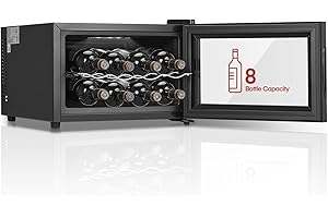 FOHERE Wine Cooler Fridge 8 Bottles, Table-Top Wine Fridge with Glass Door, 22 Liters LED + Digital Display, 8-18°C, Glass Door Drinks Fridge, Single-Zone