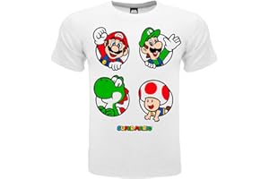 Fashion UK T Shirt Personaggi Mario. Mario, Luigi, Yoshi e Toad. 100% Cotone. Colore Bianco con Logo. Prodotto su Licenza. Taglie da Bambino/Ragazzo.