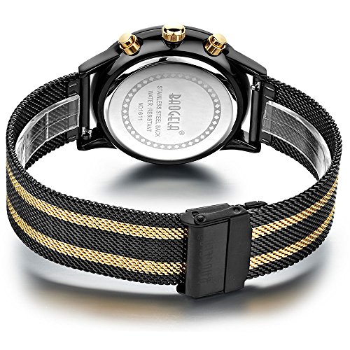 Herren-Uhren-Schwarz-Edelstahl-Mesh-Armband-Elegant-Analog-Quarz-Uhr-Gold-Zifferblatt-Chronograph-Wasserdicht-Datum-BAOGELA-Marken
