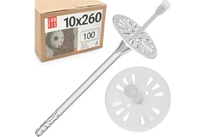 LUN FIX Cheville Isolation 10x260 mm, 100 pcs – Isolation Thermique façade, Fixation Panneau EPS WDVS, Cheville à Frapper Plastique avec rondelle, Fixation polystyrène Longue Isolant ITE ETA