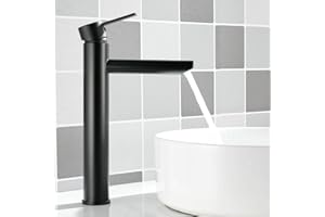 Maynosi Alto Rubinetto Bagno Lavabo, Miscelatore Monocomando, Stile Moderno Rubinetti Bagno con PEX Tubo, Rubinetto Caldo e Freddo per Lavabo da Banco, Acciaio Inox, Acciai Inossidabili (Nero opaco)