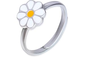 CLEVER SCHMUCK Bague pour fille marguerite polie brillante fleur blanche et jaune laqué argent sterling 925 taille universelle réglable pour enfants dans un étui rose, Métal précieux