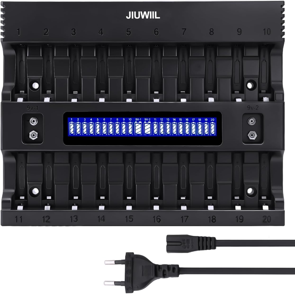 Cargador de Pilas AA AAA, JIUWIIL con 20+2 Ranuras Cargador de Pilas Inteligente para Pilas AA/AAA Pilas Recargables y Pilas de 9 V, 2 Ranuras de Carga Independientes para Pilas