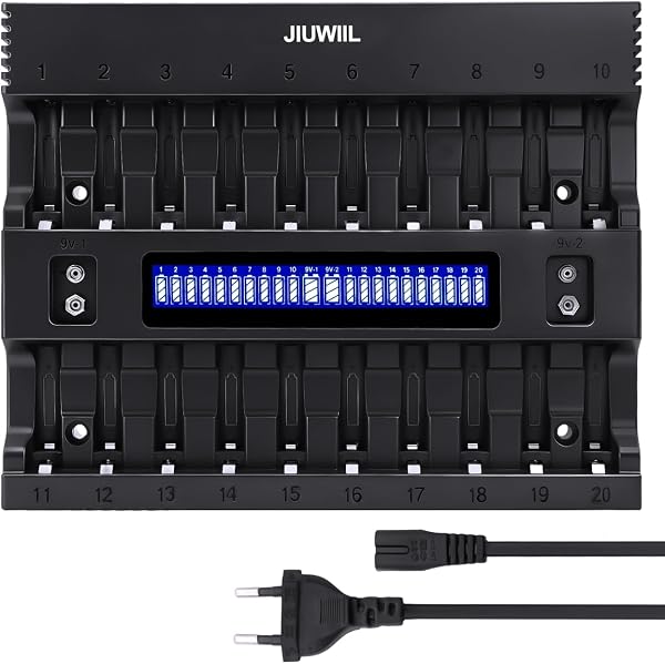 Cargador de Pilas AA AAA, JIUWIIL con 20+2 Ranuras Cargador de Pilas Inteligente para Pilas AA/AAA Pilas Recargables y Pilas de 9 V, 2 Ranuras de Carga Independientes para Pilas - 1