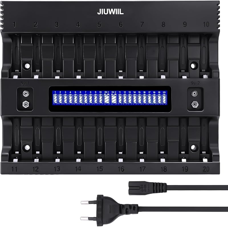 Cargador de Pilas AA AAA, JIUWIIL con 20+2 Ranuras Cargador de Pilas Inteligente para Pilas AA/AAA Pilas Recargables y Pilas de 9 V, 2 Ranuras de Carga Independientes para Pilas