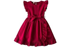 JiAmy Girls' Dresses Ruffle Sleeves Festive Dresses for Children Summer Dress Kids Casual Girls Party Dresses with Belt for Age 2-8