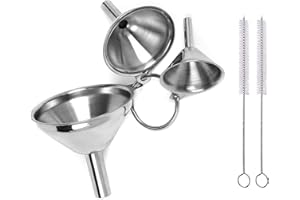 BOMOYA 3 Stück Edelstahl Trichter für die Küche mit 2 Stück Reinigungsbürsten & Griff, Stapelbarer Mini Trichter für Flüssigkeiten, Kochöle und Pulver, 4.5/5.5/7.5cm