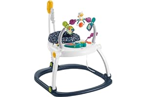 Fisher-Price Jumperoo Compact Chats de l’Espace, Trotteur Bébé avec Siège à Rebond, Lumières, Musique et Jouets Interactifs, jusqu'à 11,3 kg, HBG73