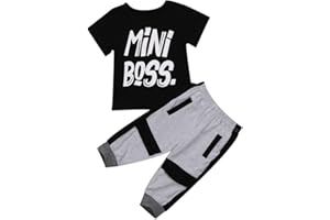 Geagodelia Ensemble de Vêtement Enfant Bébé Garçons Été Imprimé Lettre Mini Boss à Manches Courtes T-shirt Haut et Pantalon Tenue 2 Pièces Casual Sport Fitness Jogging 1-6 Ans