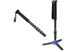 FOSOTO Kamera-Einbeinstativ aus Aluminium, mit abnehmbarem, faltbarem 3-Fuß-Stativfuß, 5 Abschnitte, ausziehbar für Canon, Nikon, Sony, Panasonic, DSLR-Kamera, 165 cm