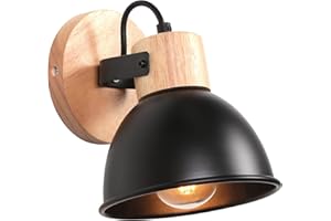 iDEGU Applique Murale Interieure Spot LED 15cm Rétro Lampe Murale Insustrielle en Bois Fer Design Vintage Luminaire Réglable Lustre Plafonnier E27 Éclairage Mural pour Chambre Cuisine Salon (Noir)