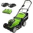 Greenworks G24X2LM41K2X Cordless Lawnmower for Lawns up to 220m², 41cm Cutting Width, 50L Bag PLUS Two 2 x 24V (48V equivalent) 2Ah Batteries and Twin Charger