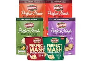 GOOD FOOD COMPANY Idahoan Perfect Mash Potatoes Variety Bundle 4 sachets (109g each) & 2 pots (55g each)- Bacon & Cheese, Buttery, Butter & Herb, Roasted Garlic, Bacon & Cheese and Bubble & Squeak