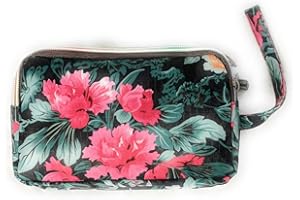 CAPRILITE Fun PVC Canvas Wallet Purse Pouch Triple Zip w/Wrist Strap Wristlet Clutch Bag Xmas Bday Gift (Fuchsia Pink and Green Camellia)
