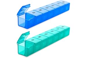 ‎SUKUOS Tablettenbox 7 Tage 2 Stück Deutsch, SUKUOS 2X Pillendose 7 Fächer, Medikamenten-Box (Blau + Cyan)