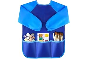 Qniceone Aprons for Kids Art Smocks Toddler Smock Waterproof Artist Painting Aprons Long Sleeve with 3 Pockets for Age 2-6 Years Gifts (Paints and brushes not included)(Blue)