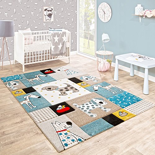 Alfombra De Habitación Infantil Contorneada Mundo Canino En Beige Azu
