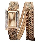 Stilvoll Frauen Quarz Armbanduhr lange Mehrschichten Multilayer Kunstleder Rechteck Strass Gold Wickelungsuhr Kaffee