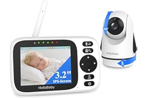 HelloBaby Babyphone Camera, 3,2’’ Écran IPS, Caméra de surveillance bébé, Babyphone sans WiFi, Audio bidirectionnel, Vision nocturne, ECO, Surveillance de température, 8 Berceuses, 305 mètres (HB6339)