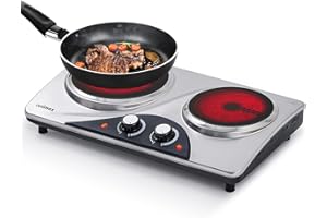 Doppelkochplatte, CUSIMAX 2100W kochfeld 2 platten mit Infrarot-Wärme, mobile herdplatte 2 kochfelder für camping, Edelstahl kochplatten 2er elektrisch mit einstellbarer Temperatur, Silber